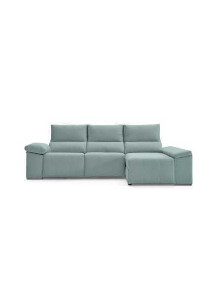 Sofa Relax Zoe visto de frente con chaiselongue a la derecha con tela Albi Acero